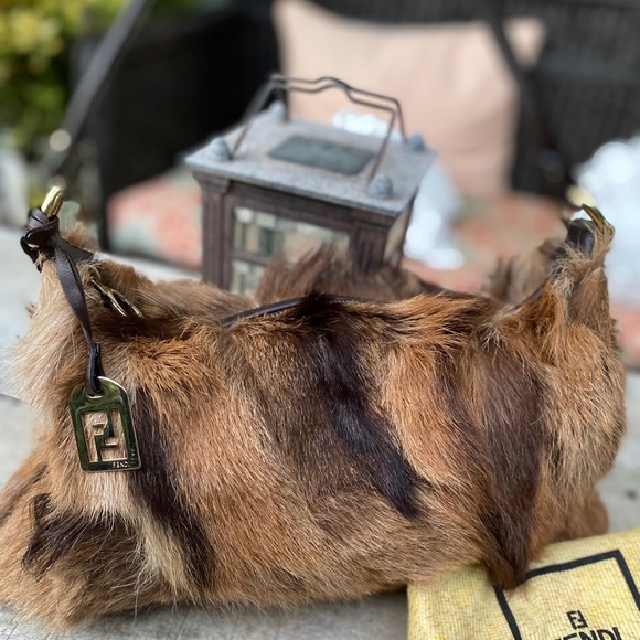 Authentic Fendi Lapin Fur FF charm Baguette Bag